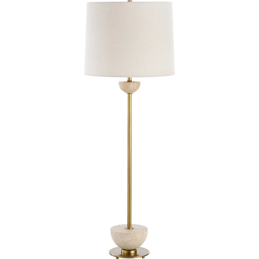 Hemisphere Buffet Lamp by Uttermost in brass. Made from travertine stone, metal, fabric in a unique style.