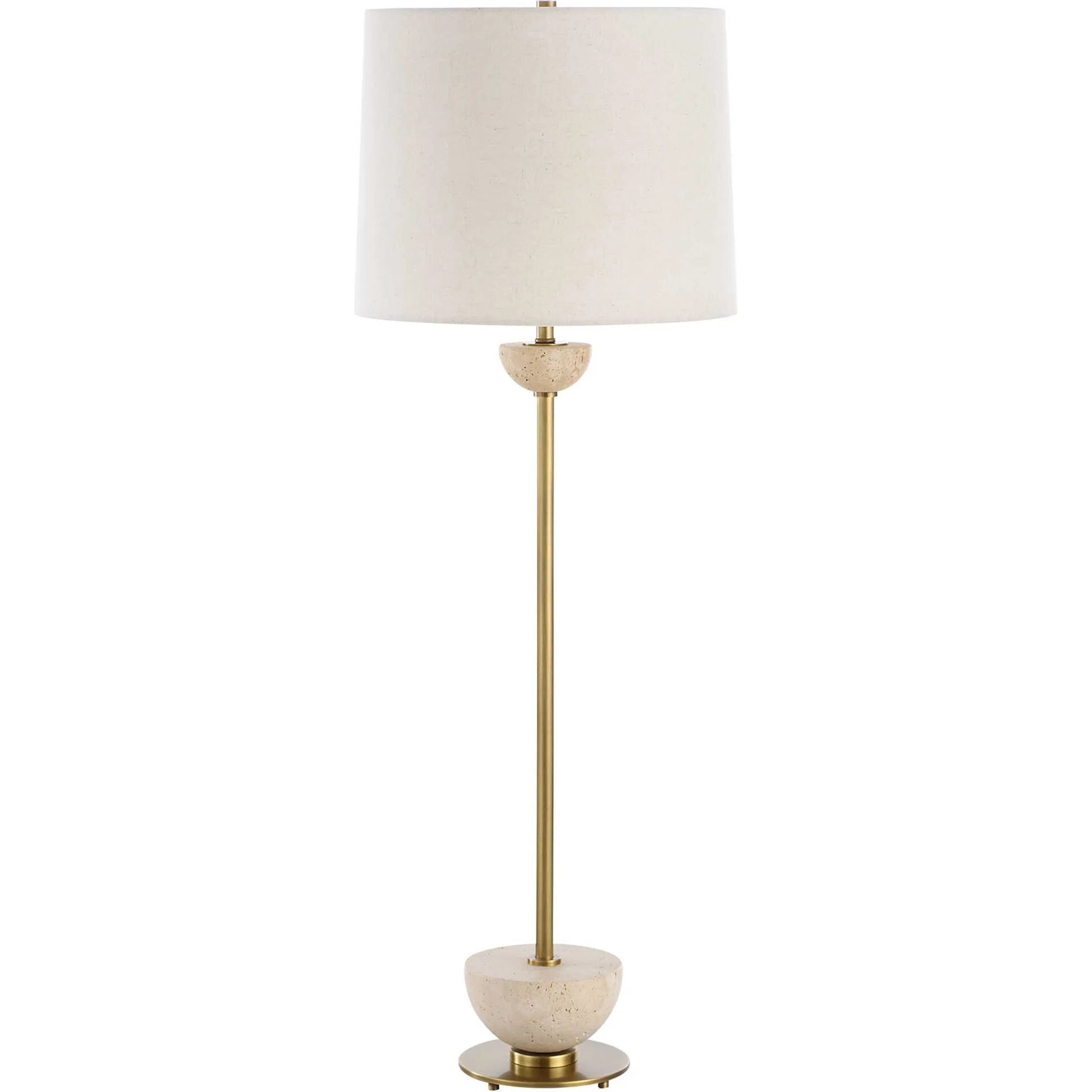 Hemisphere Buffet Lamp by Uttermost in brass. Made from travertine stone, metal, fabric in a transitional style.