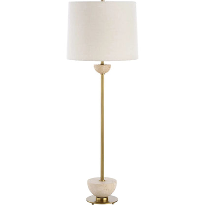 Hemisphere Buffet Lamp by Uttermost in brass. Made from travertine stone, metal, fabric in a transitional style.
