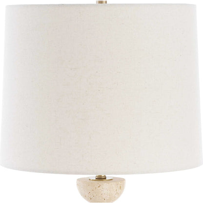 Hemisphere Buffet Lamp by Uttermost in brass. Made from travertine stone, metal, fabric in a transitional style.
