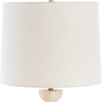 Hemisphere Buffet Lamp by Uttermost in brass. Made from travertine stone, metal, fabric in a transitional style.
