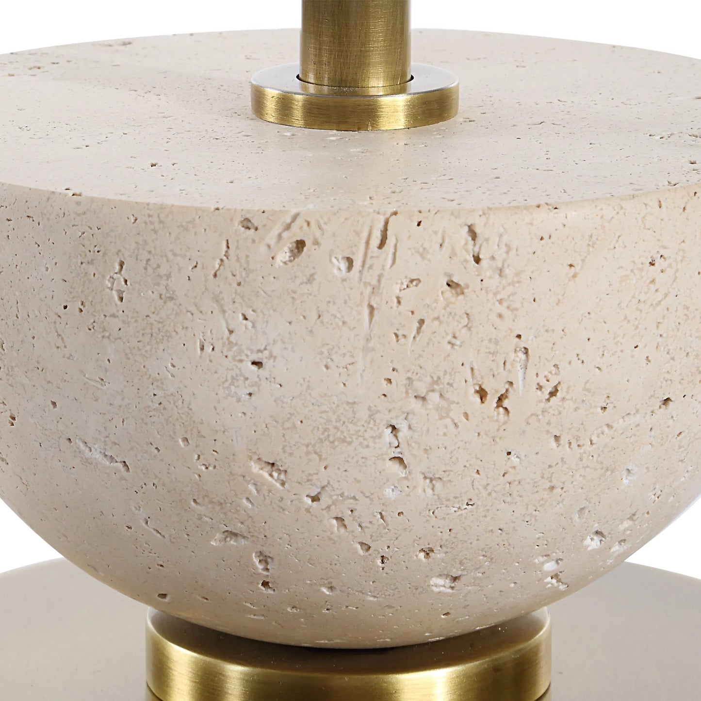 003 SI-2295284 | Closeup | Hemisphere Buffet Lamp by Uttermost in brass. Made from travertine stone, metal, fabric in a transitional style.