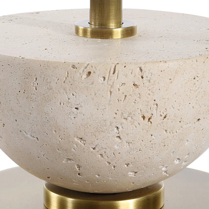 Hemisphere Buffet Lamp by Uttermost in brass. Made from travertine stone, metal, fabric in a transitional style.