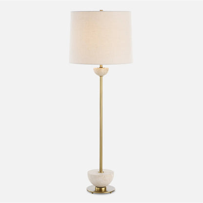 Hemisphere Buffet Lamp by Uttermost in brass. Made from travertine stone, metal, fabric in a transitional style.