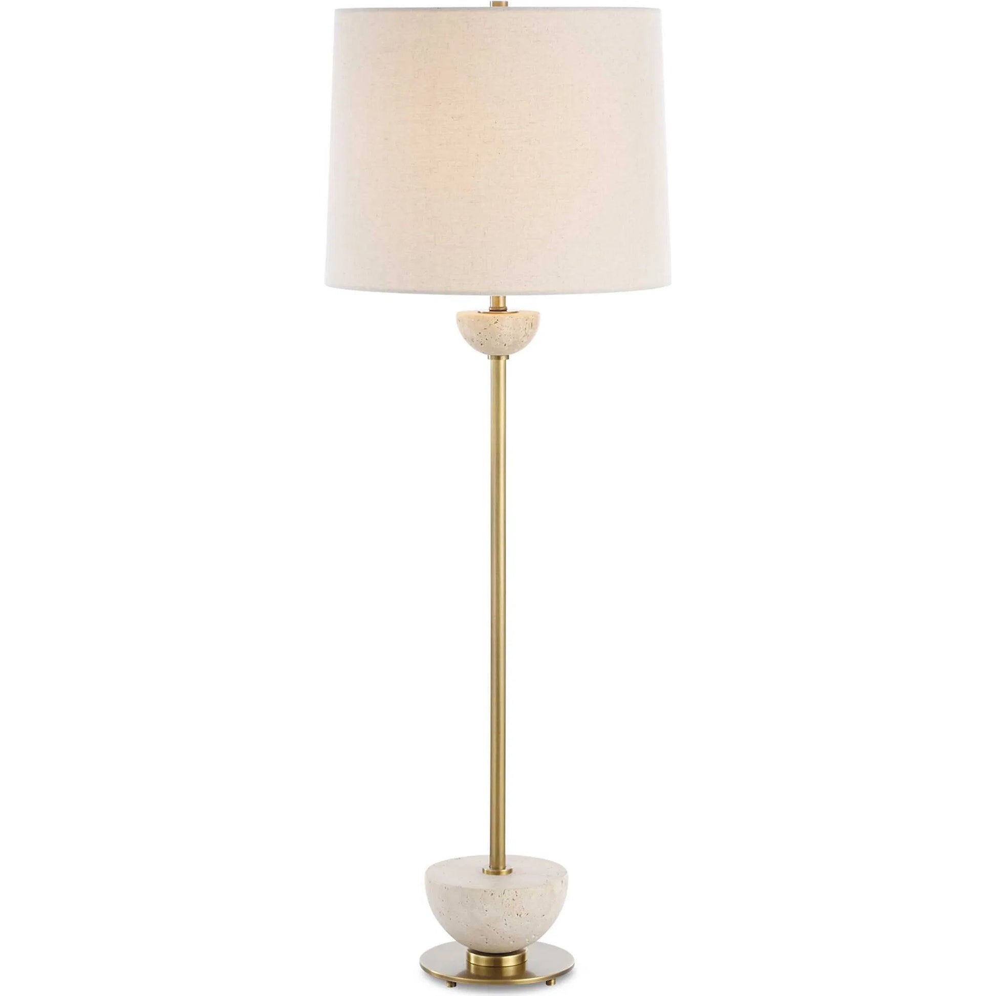 Hemisphere Buffet Lamp by Uttermost in brass. Made from travertine stone, metal, fabric in a transitional style.