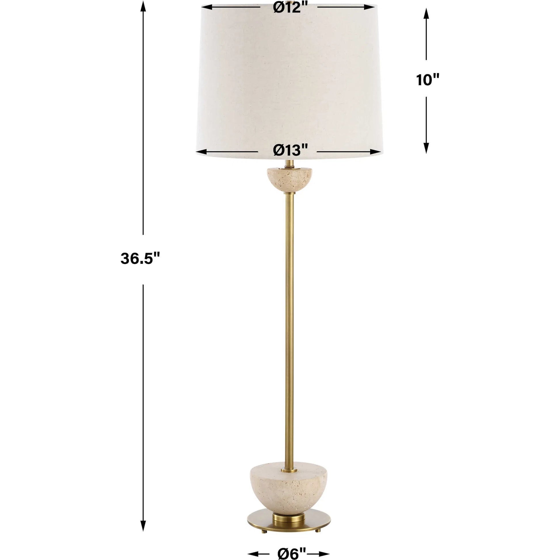 Hemisphere Buffet Lamp by Uttermost in brass. Made from travertine stone, metal, fabric in a transitional style.
