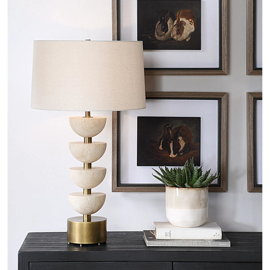 Hemisphere Travertine Table Lamp by Uttermost in brass. Made from travertine stone, metal, fabric in a unique style.