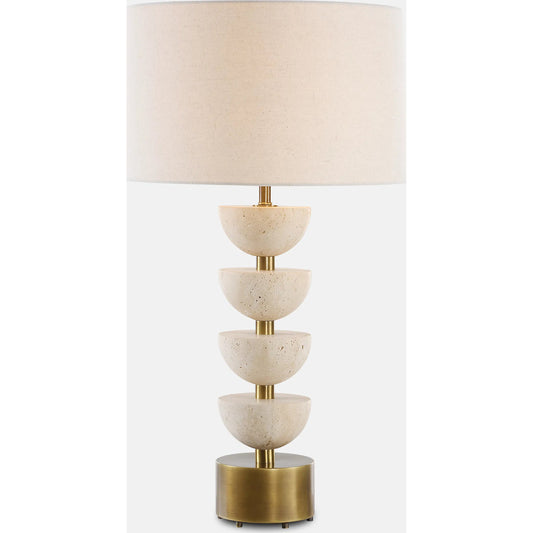 Hemisphere Travertine Table Lamp by Uttermost in brass. Made from travertine stone, metal, fabric in a unique style.