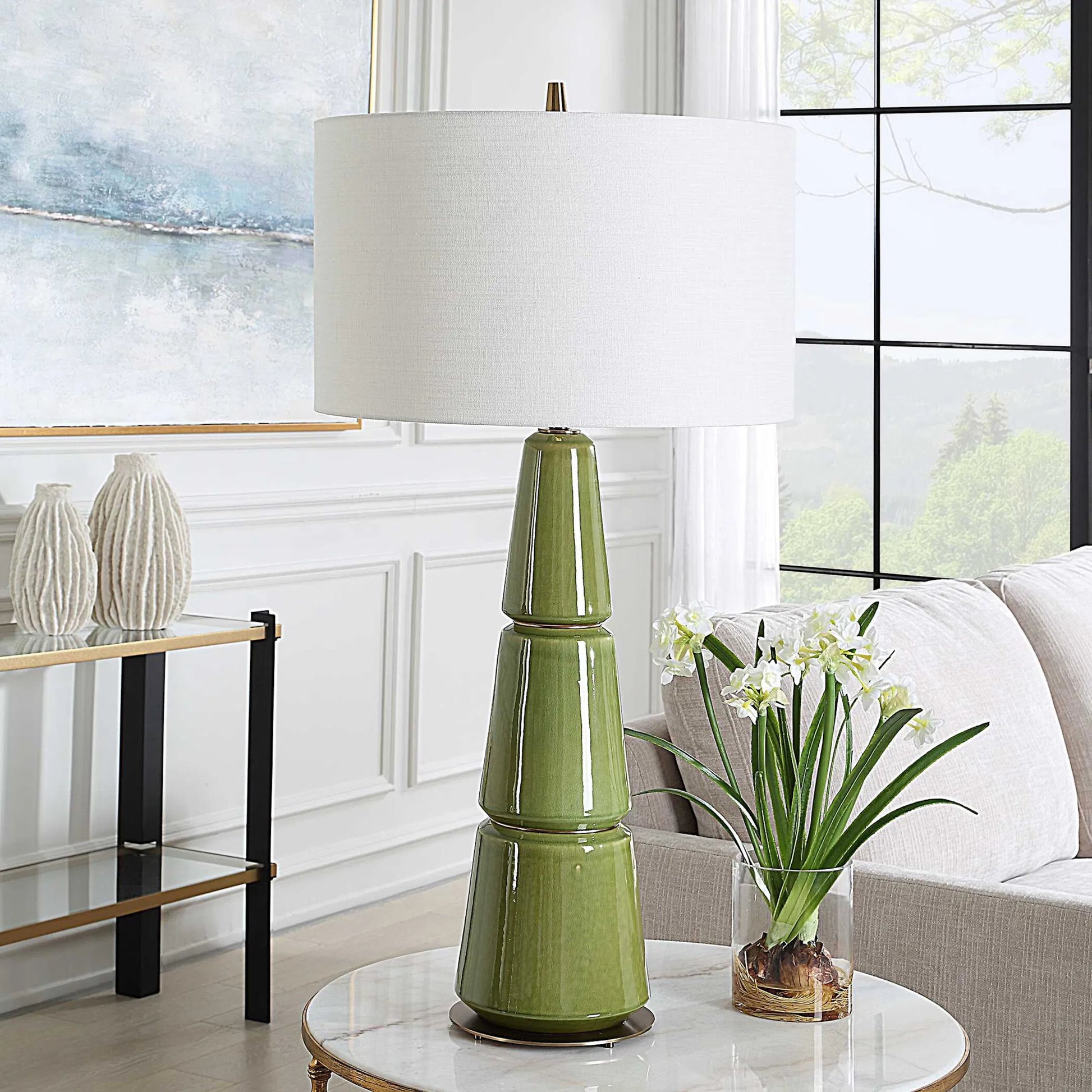 Mendell Moss Table Lamp by Uttermost in brass. Made from metal, ceramic, linen in a eclectic & global style.