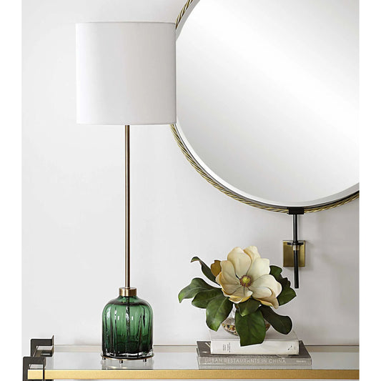 Lois Glass Buffet Lamp by Uttermost in brass. Made from metal, glass, fabric in a eclectic & global style.