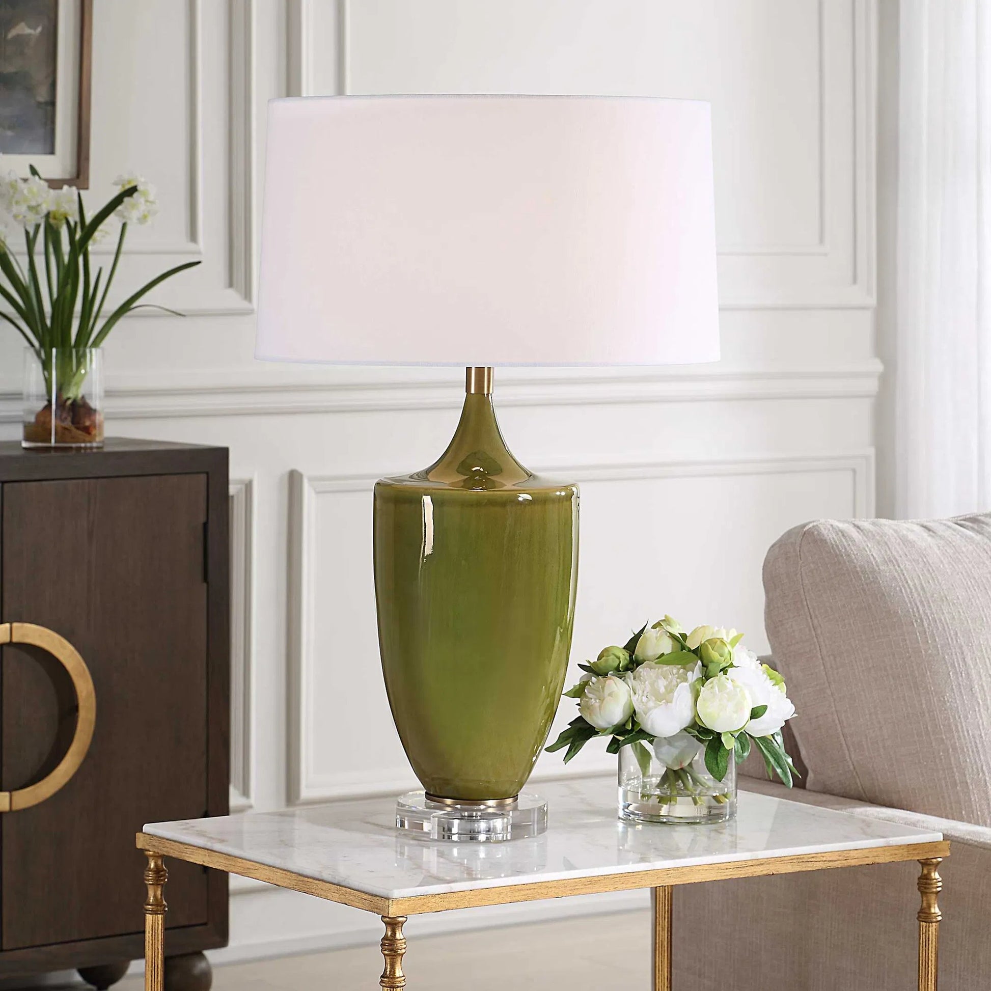 Adela Moss Table Lamp by Uttermost in brass. Made from steel, ceramic, crystal8%, fabric in a modern style.