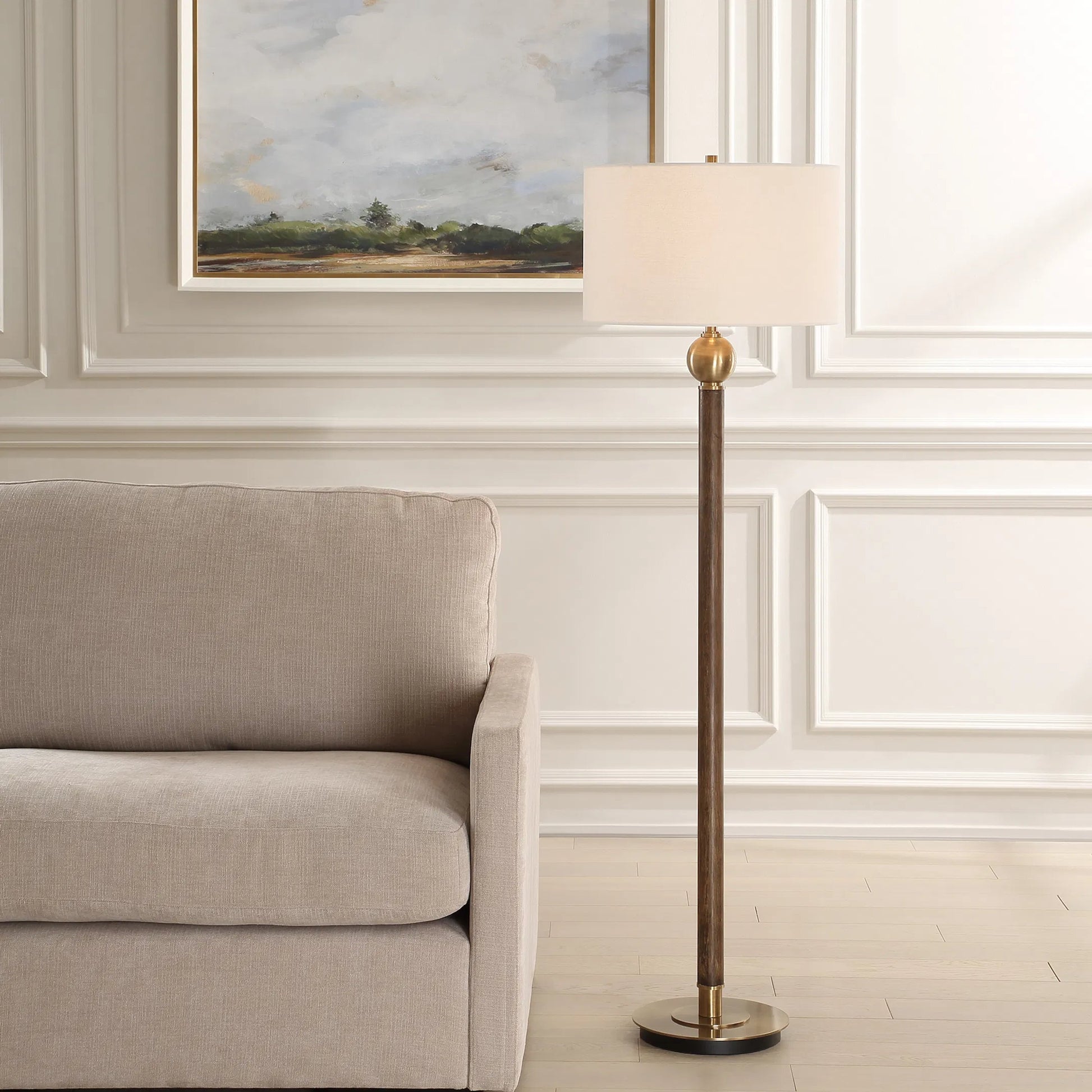 Keros Floor Lamp by Uttermost in dark oak. Made from metal, oak wood, fabric in a traditional style.