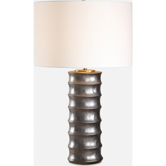Corvair Scalloped Table Lamp by Uttermost in dark bronze. Made from porcelain, fabric, steel in a unique style.