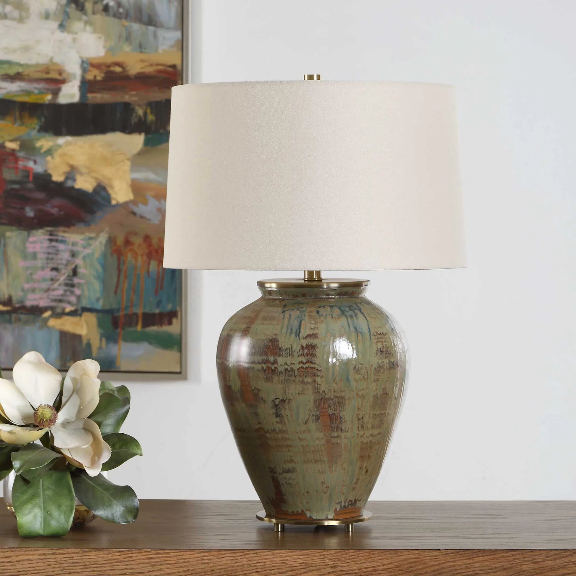 Olisa Table Lamp by Uttermost in brown, green and brass. Made from steel, ceramic, fabric in a unique style.