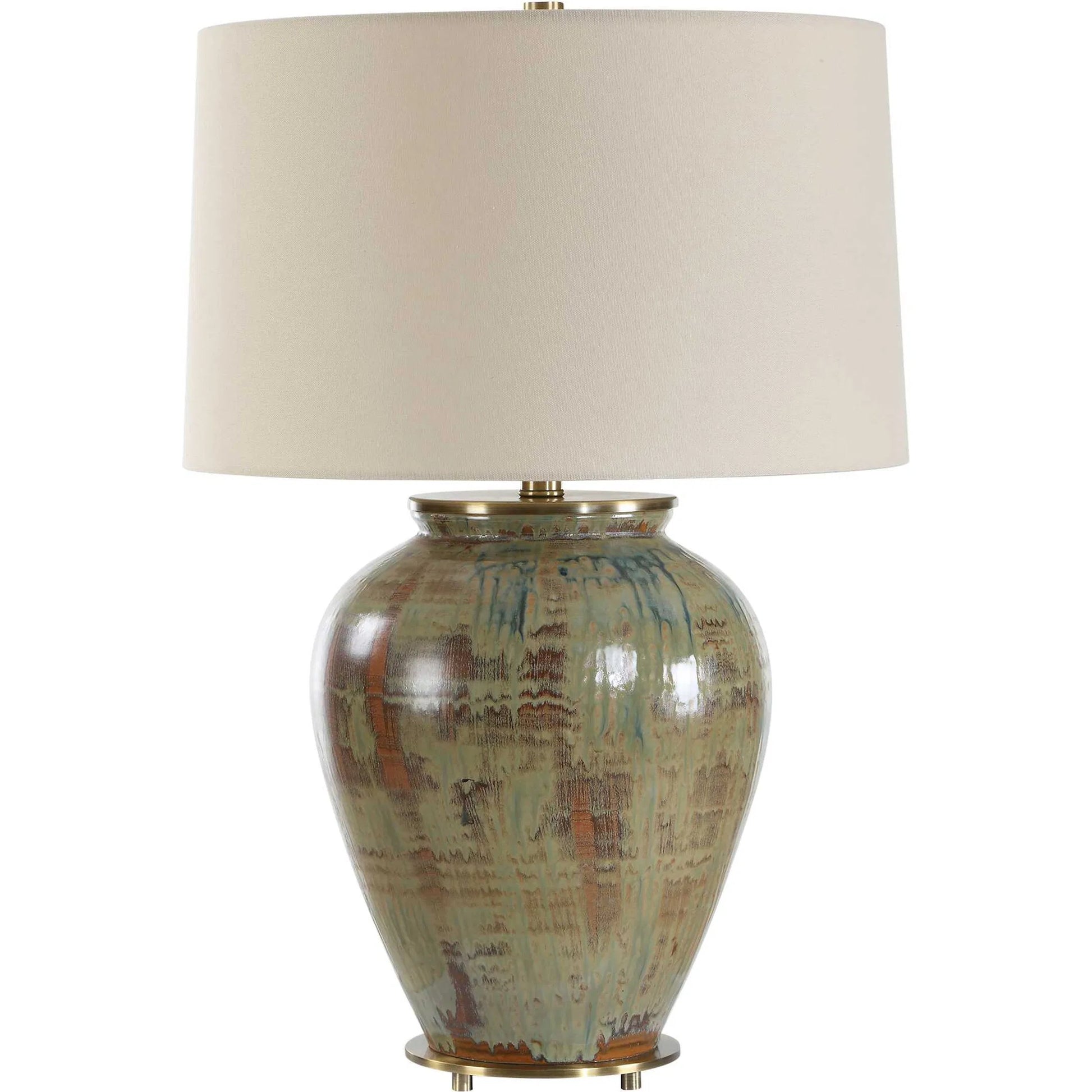 Olisa Table Lamp by Uttermost in brown, green and brass. Made from steel, ceramic, fabric in a unique style.
