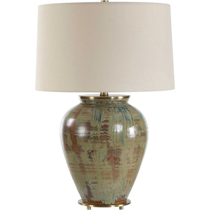 Olisa Table Lamp by Uttermost in brown, green and brass. Made from steel, ceramic, fabric in a unique style.