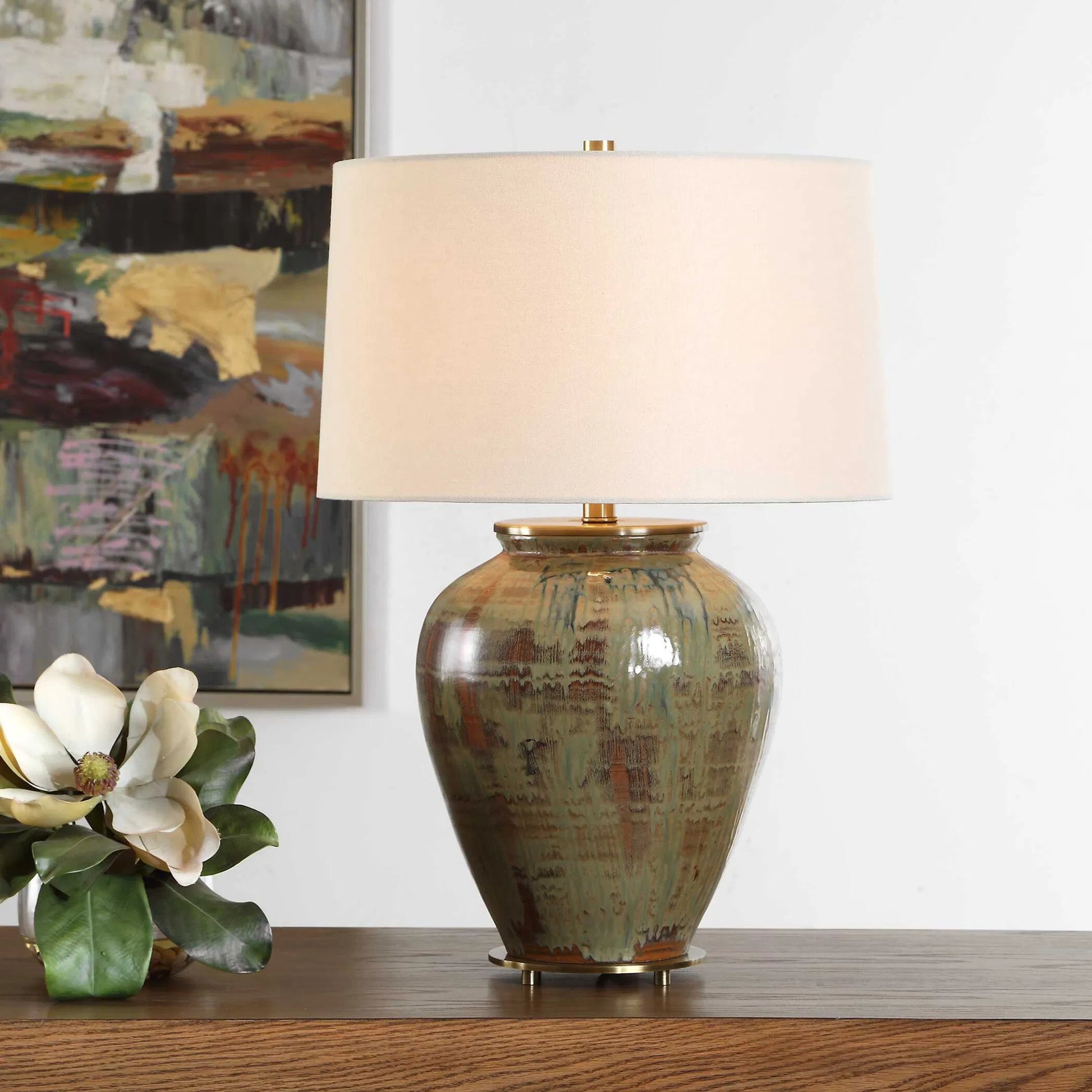 Olisa Table Lamp by Uttermost in brown, green and brass. Made from steel, ceramic, fabric in a unique style.