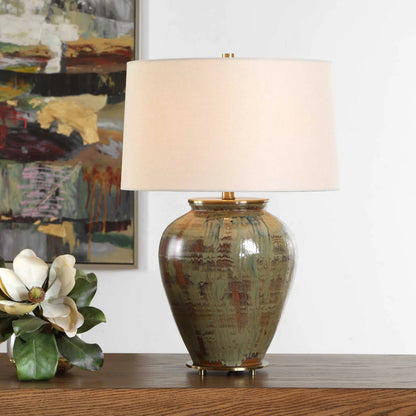Olisa Table Lamp by Uttermost in brown, green and brass. Made from steel, ceramic, fabric in a unique style.