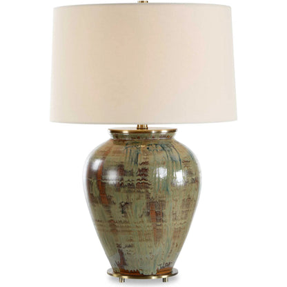 Olisa Table Lamp by Uttermost in brown, green and brass. Made from steel, ceramic, fabric in a unique style.