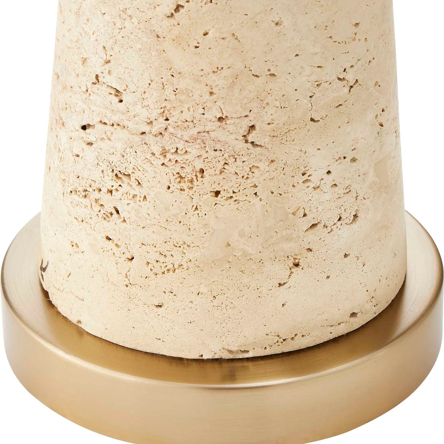005 SI-2453106 | Closeup | Perkins Travertine Table Lamp by Uttermost in brown and brass. Made from travertine, iron, fabric in a transitional style.