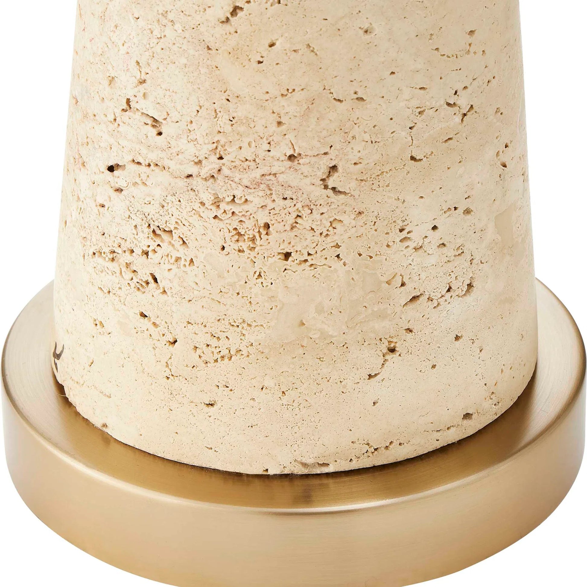 Perkins Travertine Table Lamp by Uttermost in brown and brass. Made from travertine, iron, fabric in a transitional style.
