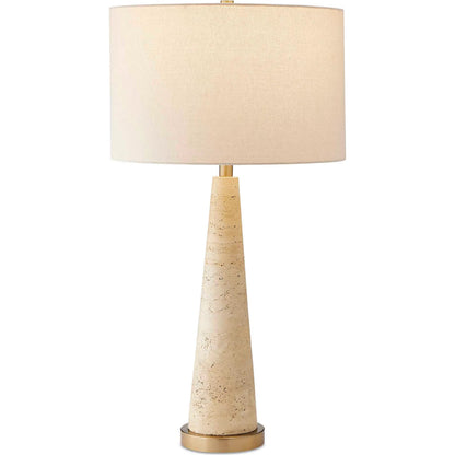 Perkins Travertine Table Lamp by Uttermost in brown and brass. Made from travertine, iron, fabric in a transitional style.