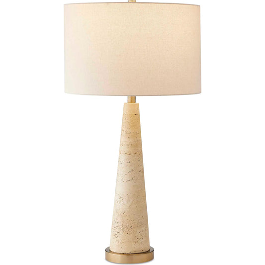 Perkins Travertine Table Lamp by Uttermost in brown and brass. Made from travertine, iron, fabric in a unique style.