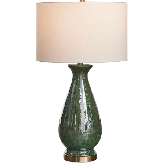 Colestin Table Lamp by Uttermost in green and brass. Made from ceramic, iron, fabric in a unique style.