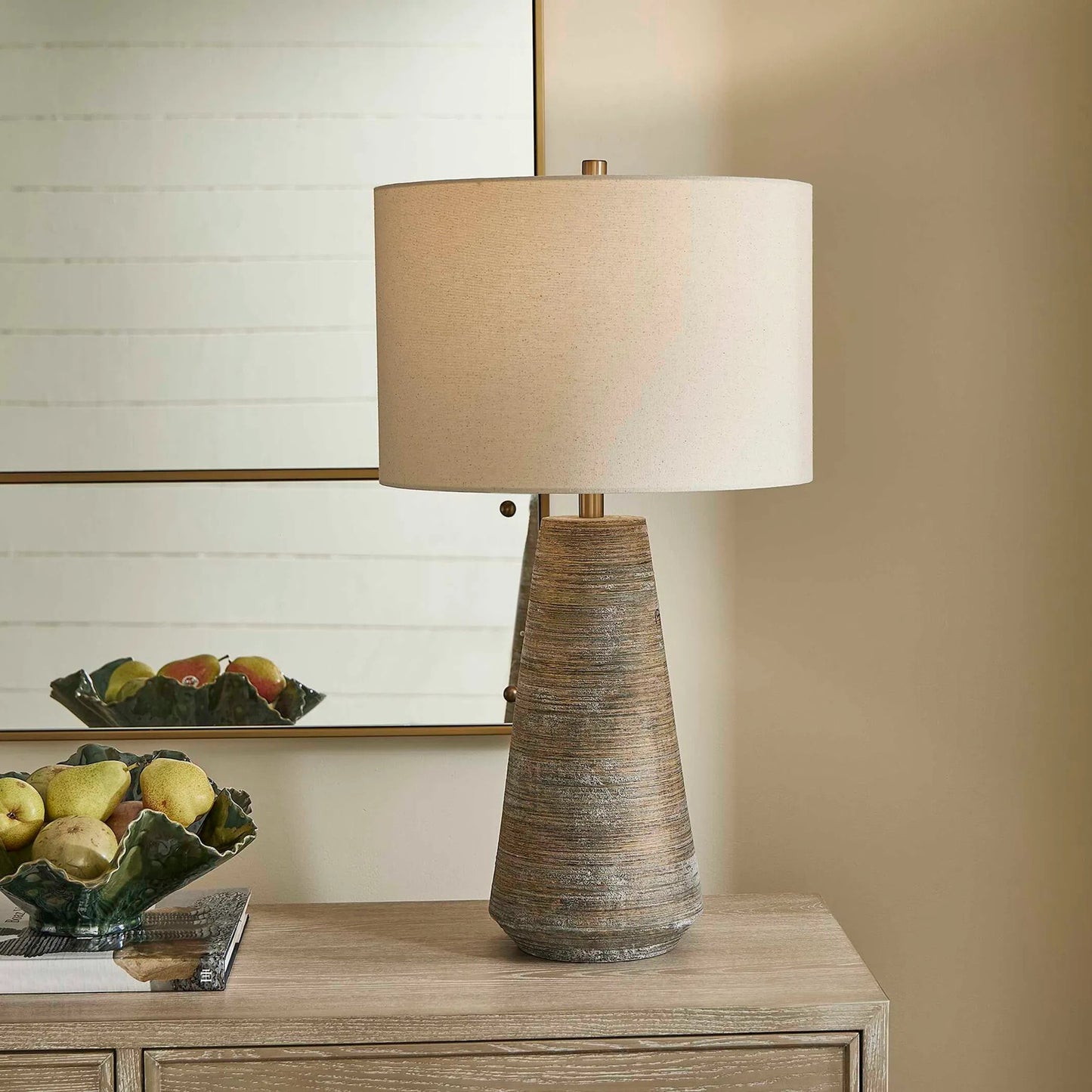 003 SI-2453111 | Lifestyle | Mosier Table Lamp by Uttermost in brown, gray and brass. Made from ceramic, iron, fabric in a transitional style.