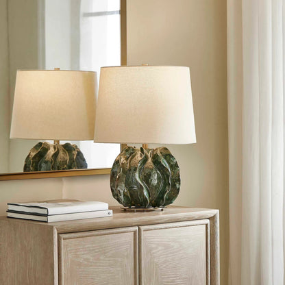 Guinevere Table Lamp by Uttermost in green and brass. Made from ceramic, fabric, metal in a eclectic & global style.