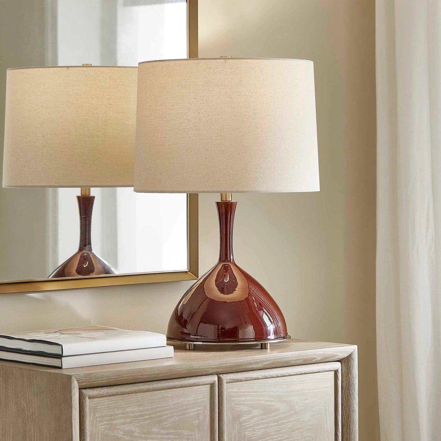 003 SI-2453114 | Lifestyle | Colette Table Lamp by Uttermost in burgundy and brass. Made from ceramic, fabric, metal in a eclectic & global style.
