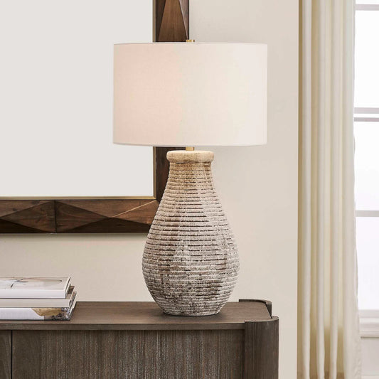 Dorothea Textured Table Lamp by Uttermost in brown, gray. Made from ceramic, fabric, galvanized steel in a unique style.