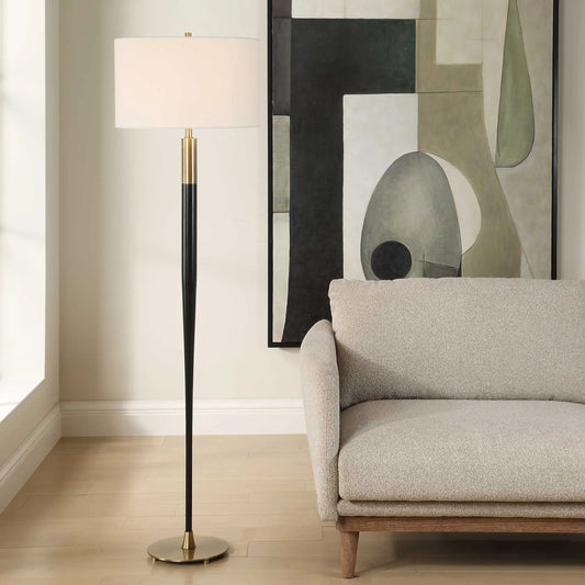 Stowe Floor Lamp by Uttermost in satin black, brass. Made from metal, fabric in a unique style.