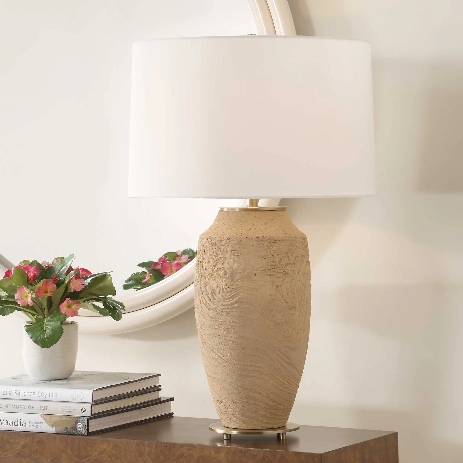 Sandstone Flow Terracotta Table Lamp by Uttermost in terracotta, brass. Made from steel, ceramic in a transitional style.