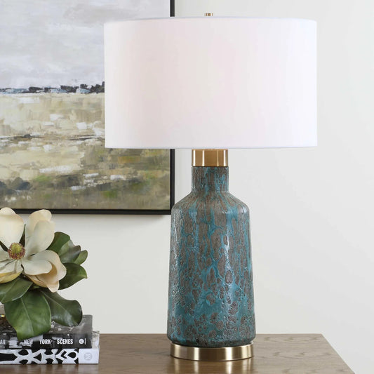 Dauphine Cracked Table Lamp by Uttermost in teal. Made from steel, glass, fabric in a unique style.