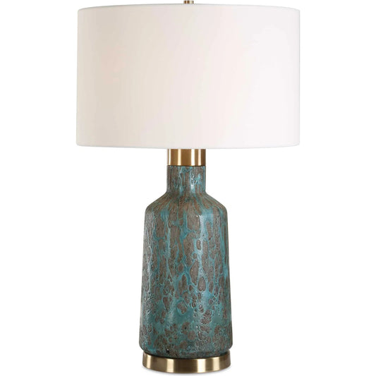 Dauphine Cracked Table Lamp by Uttermost in teal. Made from steel, glass, fabric in a unique style.