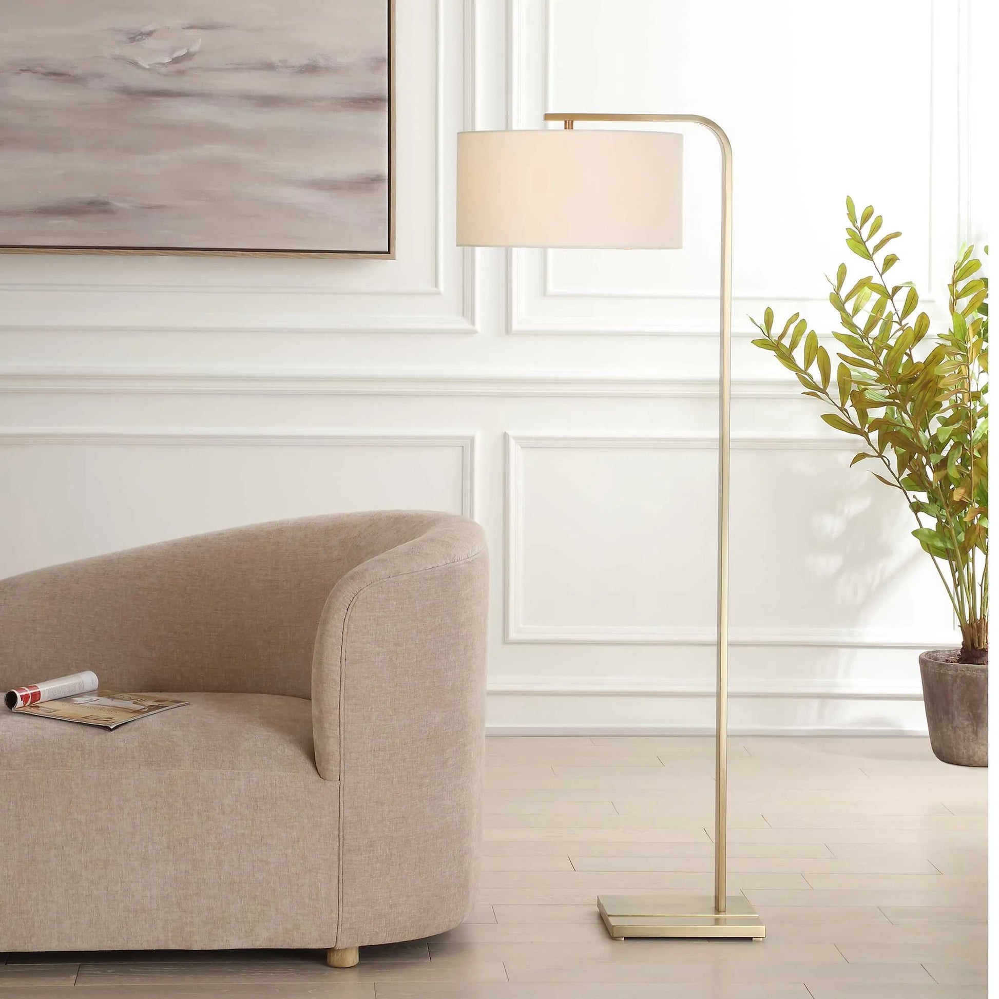 Laight Antique Floor Lamp by Uttermost in brass. Made from steel, fabric in a transitional style.