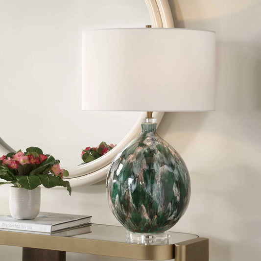 Mihaela Drip Glaze Table Lamp by Uttermost in dark green. Made from ceramic, crystal, iron, fabric in a unique style.