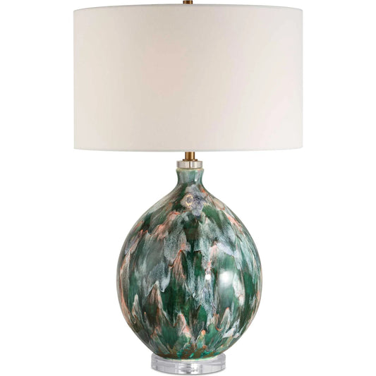 Mihaela Drip Glaze Table Lamp by Uttermost in dark green. Made from ceramic, crystal, iron, fabric in a unique style.