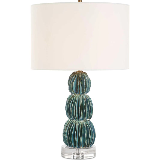 Bonaire Table Lamp by Uttermost in teal blue. Made from ceramic, crystal, iron, fabric in a unique style.