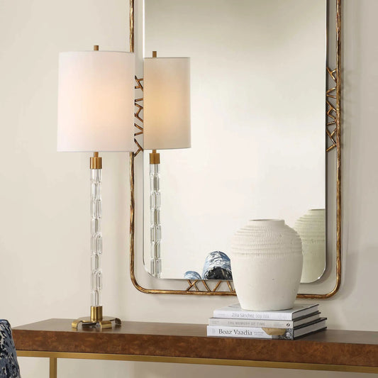 York Buffet Lamp by Uttermost in brass. Made from glass, iron, fabric in a unique style.