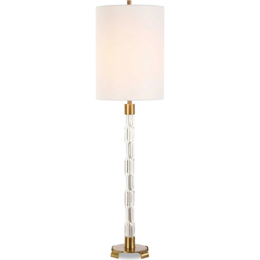 York Buffet Lamp by Uttermost in brass. Made from glass, iron, fabric in a unique style.