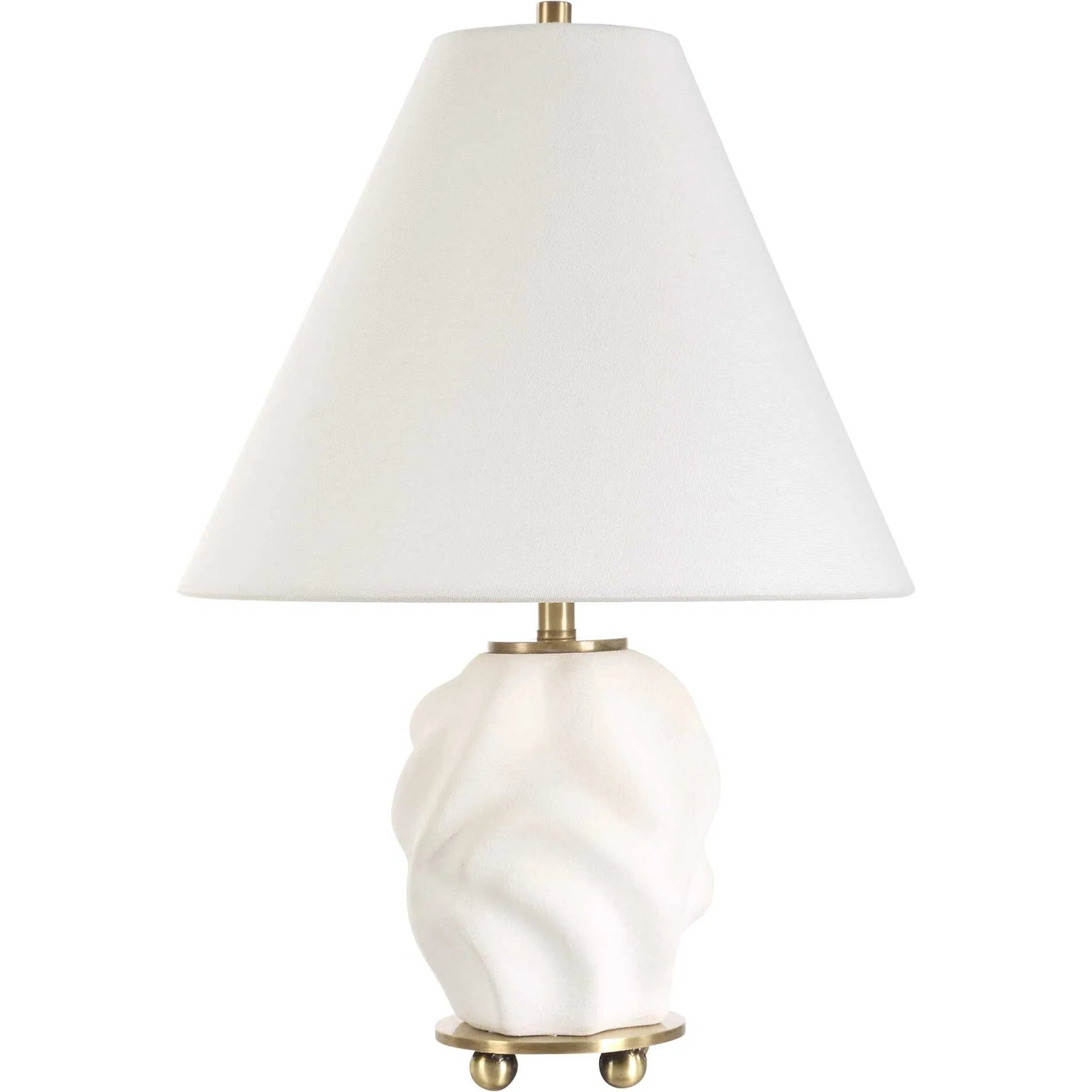 Bora Accent Lamp by Uttermost in matte white and brass. Made from metal, ceramic, fabric in a modern style.