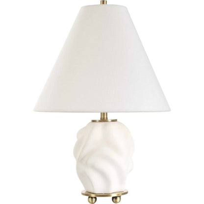 Bora Accent Lamp by Uttermost in matte white and brass. Made from metal, ceramic, fabric in a modern style.