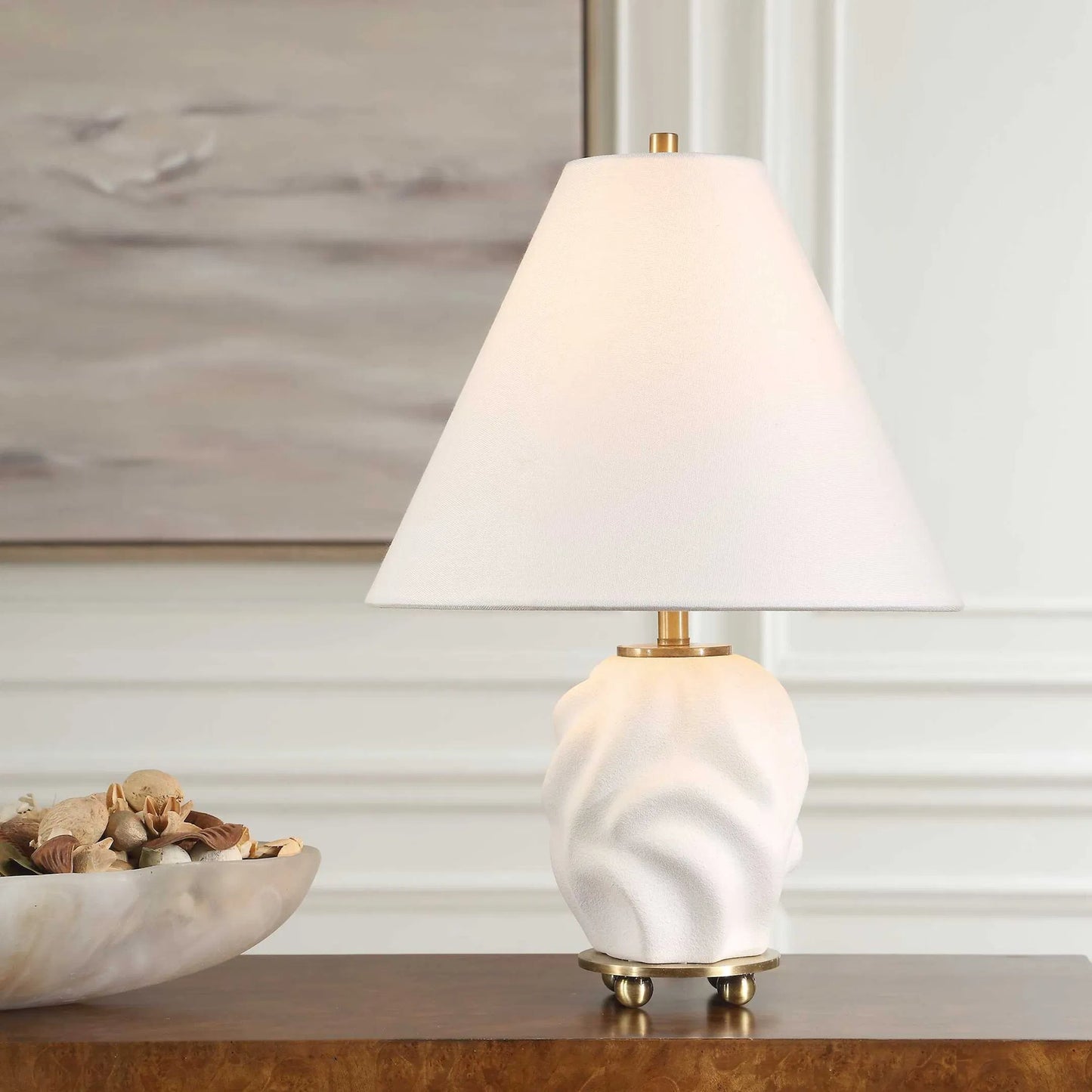 004 SI-2386713 | Lifestyle | Bora Accent Lamp by Uttermost in matte white and brass. Made from metal, ceramic, fabric in a modern style.