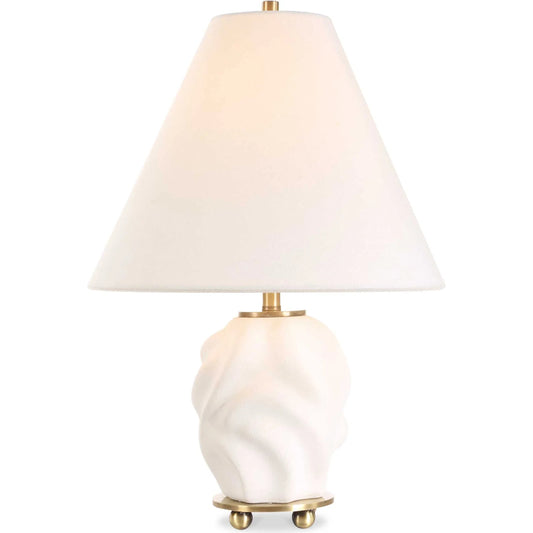 Bora Accent Lamp by Uttermost in matte white and brass. Made from metal, ceramic, fabric in a unique style.