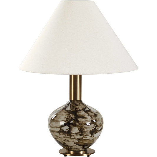 Montagu Table Lamp by Uttermost in bronze, brown, white and dark. Made from glass, metal, fabric in a unique style.