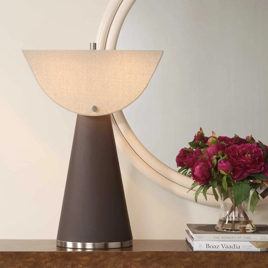Conover Modern Table Lamp by Uttermost in metal. Made from metal, chocolate color pu, fabric in a unique style.