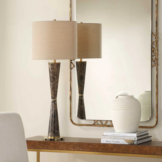Jameson Cones Table Lamp by Uttermost in chocolate brown, brass. Made from metal, marble, fabric in a unique style.