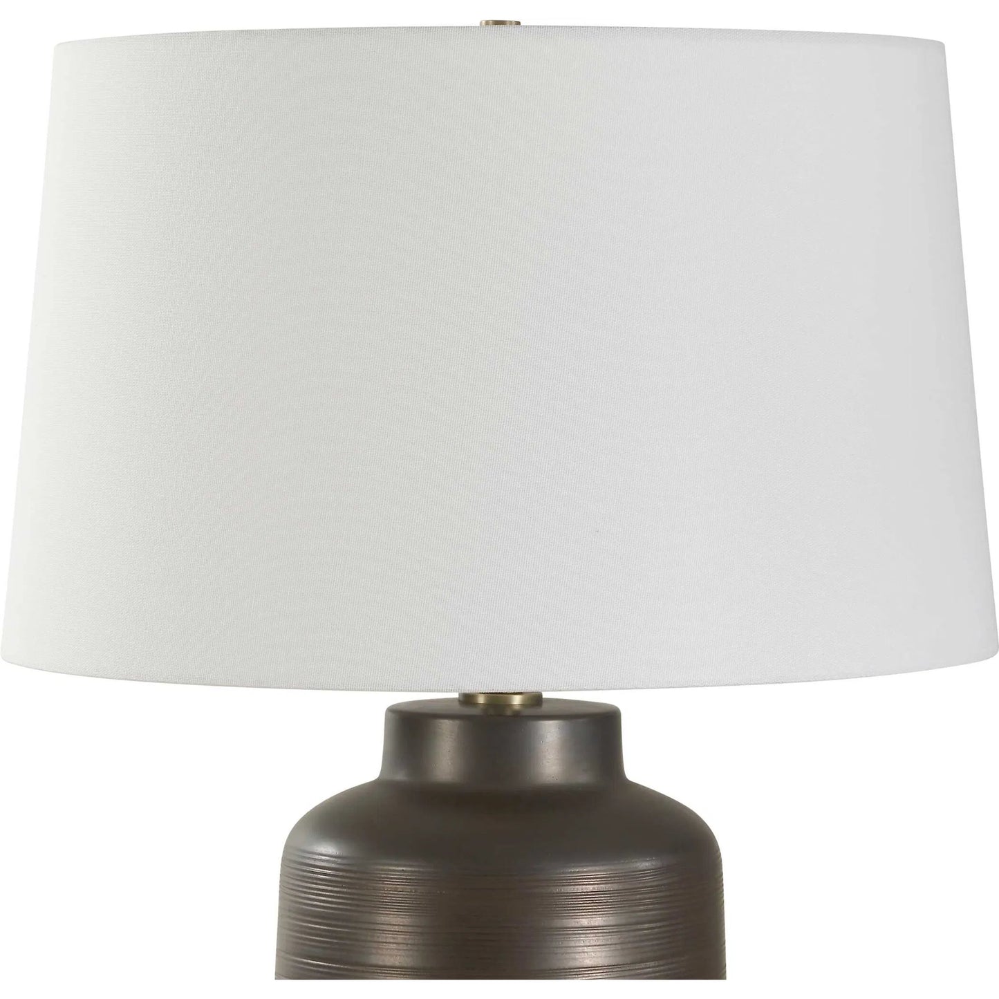 001 SI-2453116 | Closeup | Calderone Table Lamp by Uttermost in black, bronze, brown. Made from porcelain, fabric, steel in a modern style.